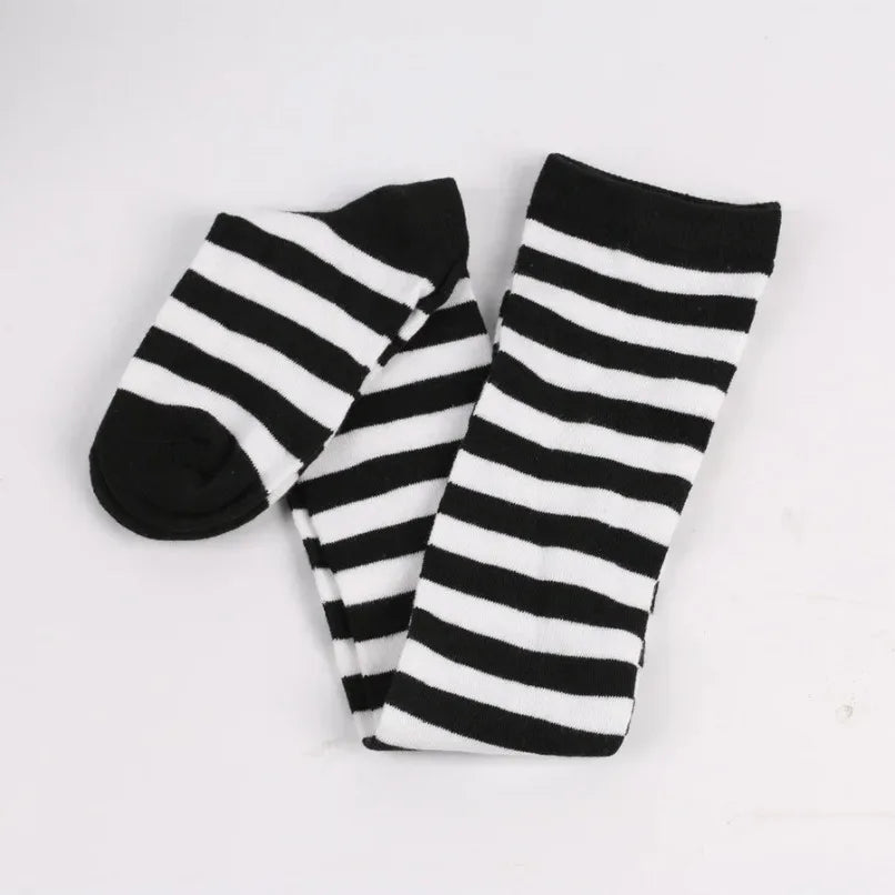 Women's Striped Thigh High Stockings – Black, White & Pink