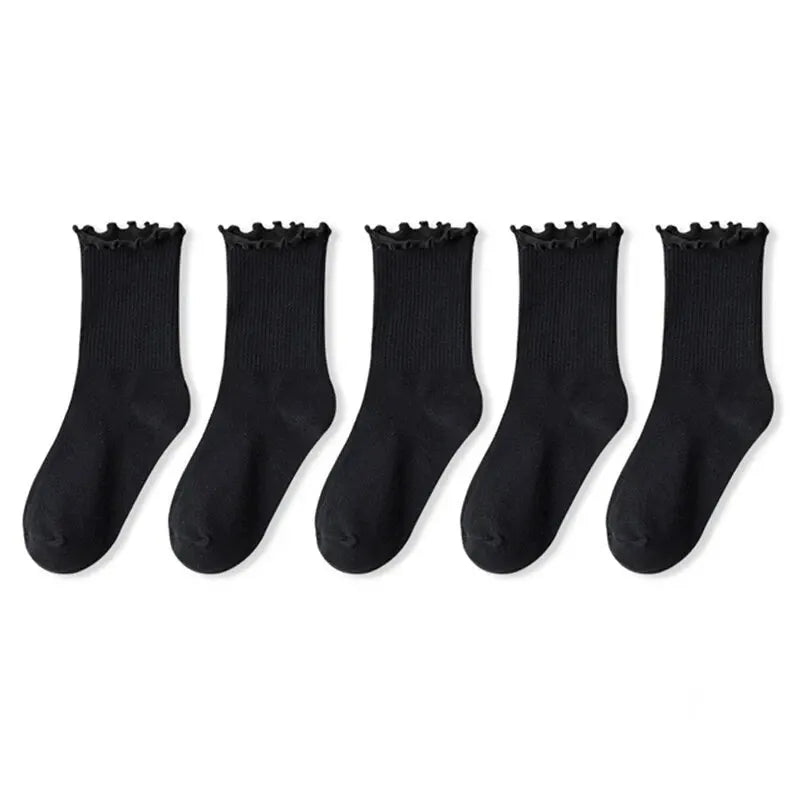 Women’s Ruffle Socks Breathable Mid Tube 5-Pair Set