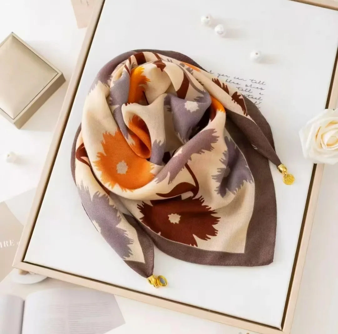 Silk Scarf for Women with Magnetic Buckle, Printed Square Design