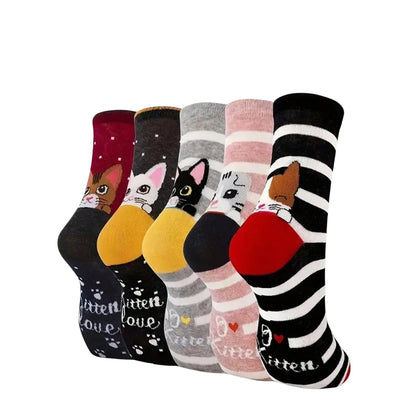 Women's Crew Socks with Cat Patterns, 5 Pairs
