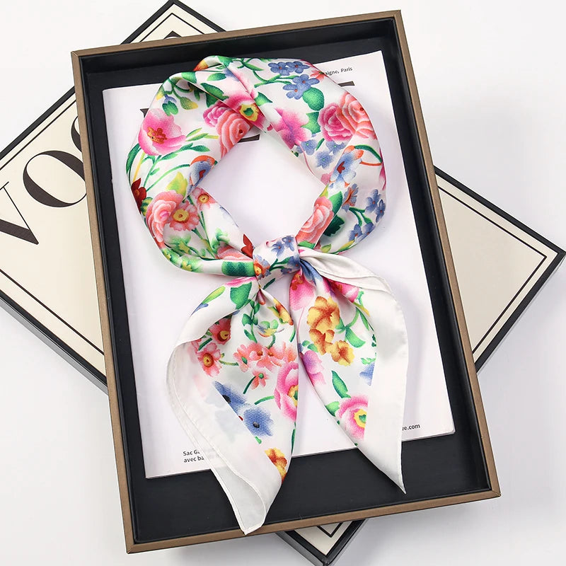 Silk Square Scarf 70x70cm Floral Satin Wrap for Women