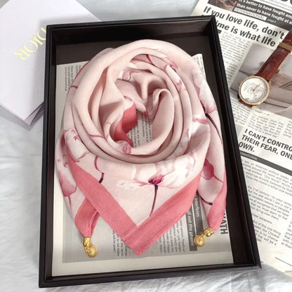 Silk Scarf for Women with Magnetic Buckle, Printed Square Design
