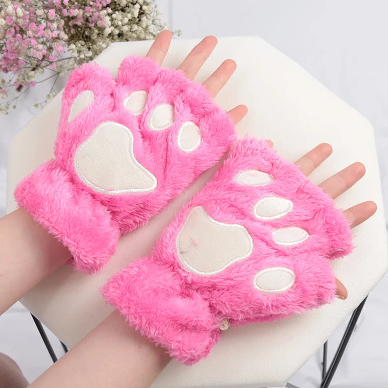 Fingerless Winter Gloves Plush Warm Mittens for Women and Girls