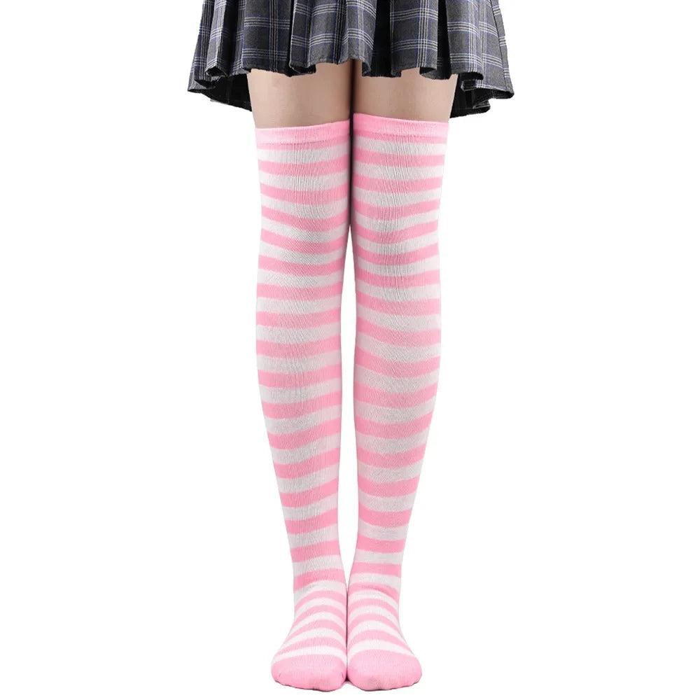 Women's Striped Thigh High Stockings – Black, White & Pink