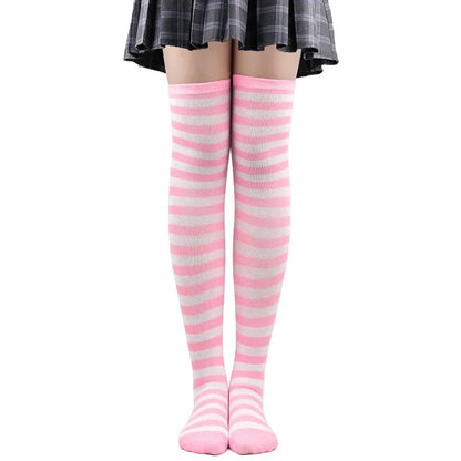 Women's Striped Thigh High Stockings – Black, White & Pink