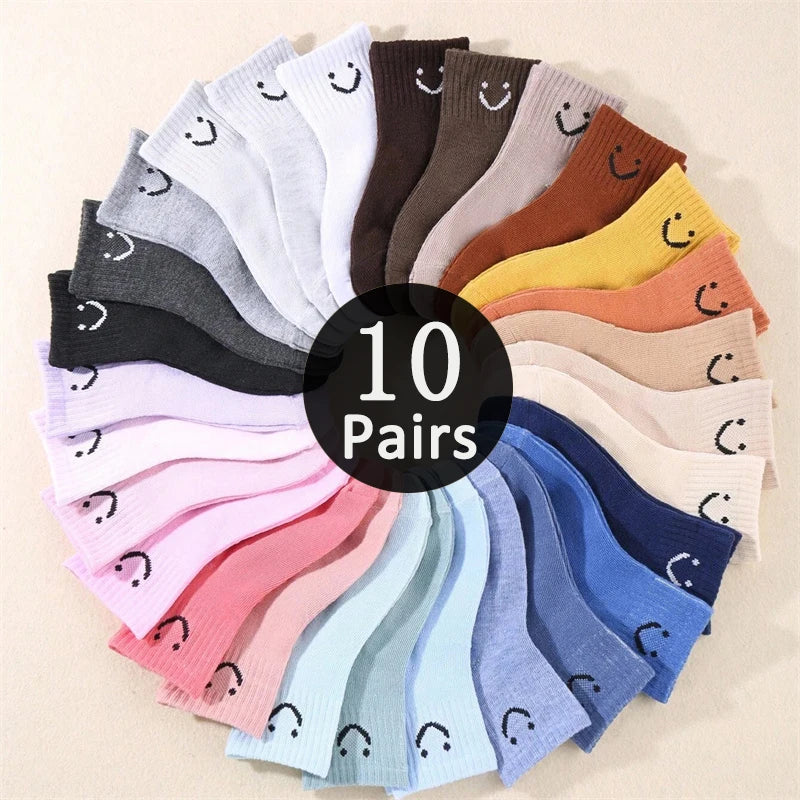 10-Pair Kids Socks with Cute Smiley Face Mid-Calf Design