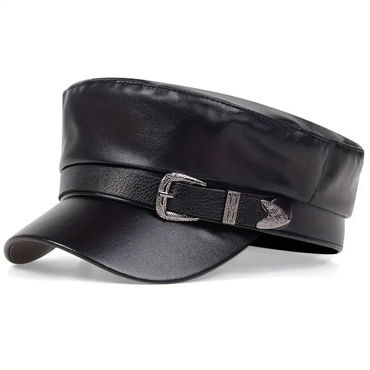 Women's Beret Hat – Black Faux Leather Sailor Style Cap