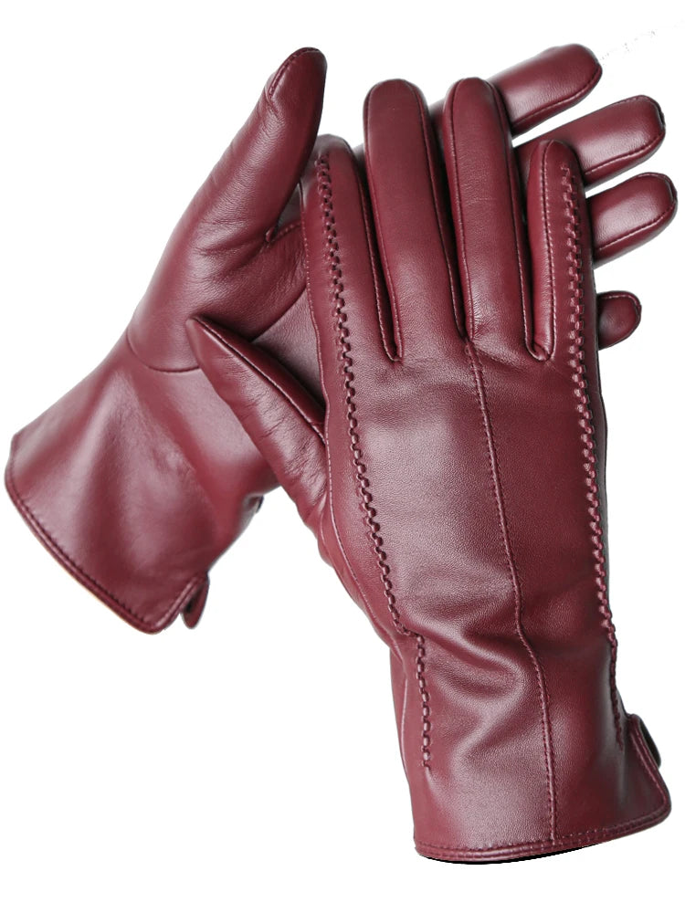 Women's Leather Winter Gloves, Sheepskin Touch Screen Driving