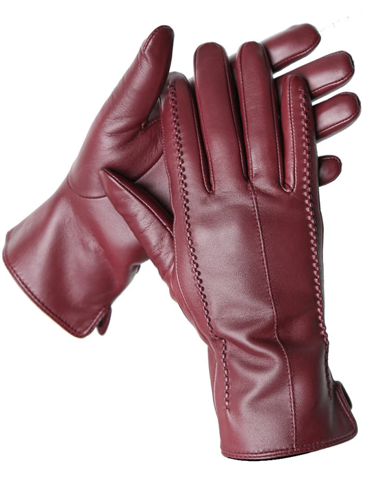 Women's Leather Winter Gloves, Sheepskin Touch Screen Driving