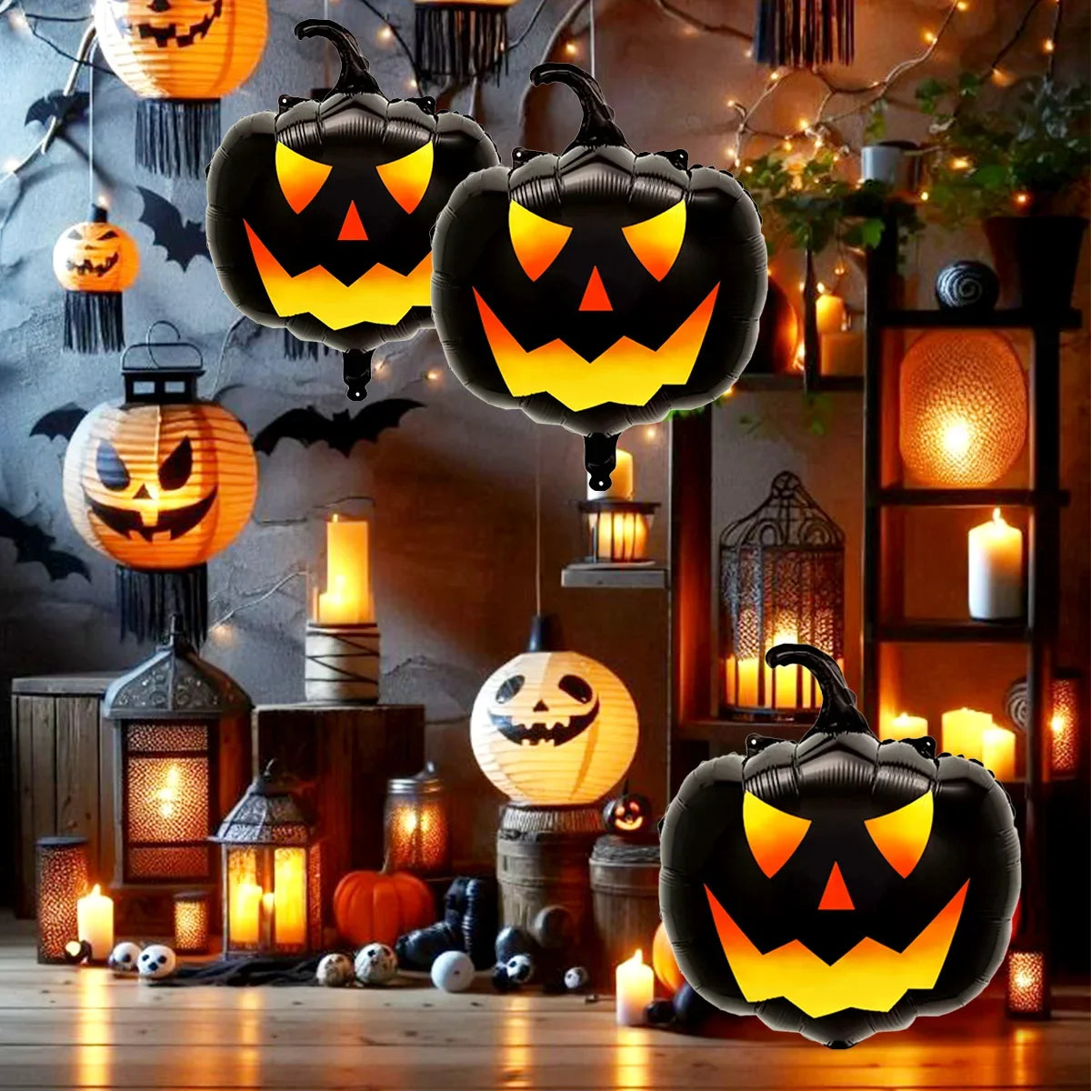 Halloween Pumpkin Balloons, Black Foil Party Decorations 3-Piece Set