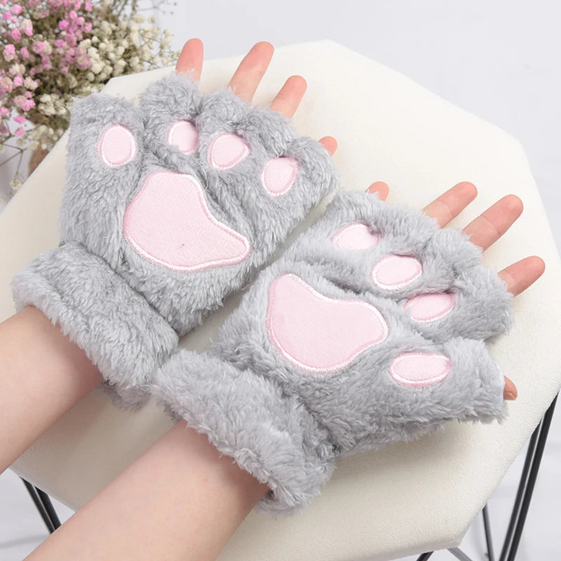 Fingerless Winter Gloves Plush Warm Mittens for Women and Girls