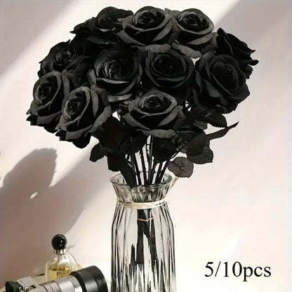 Artificial Black Roses Long Stem Fake Flowers for Halloween Decor