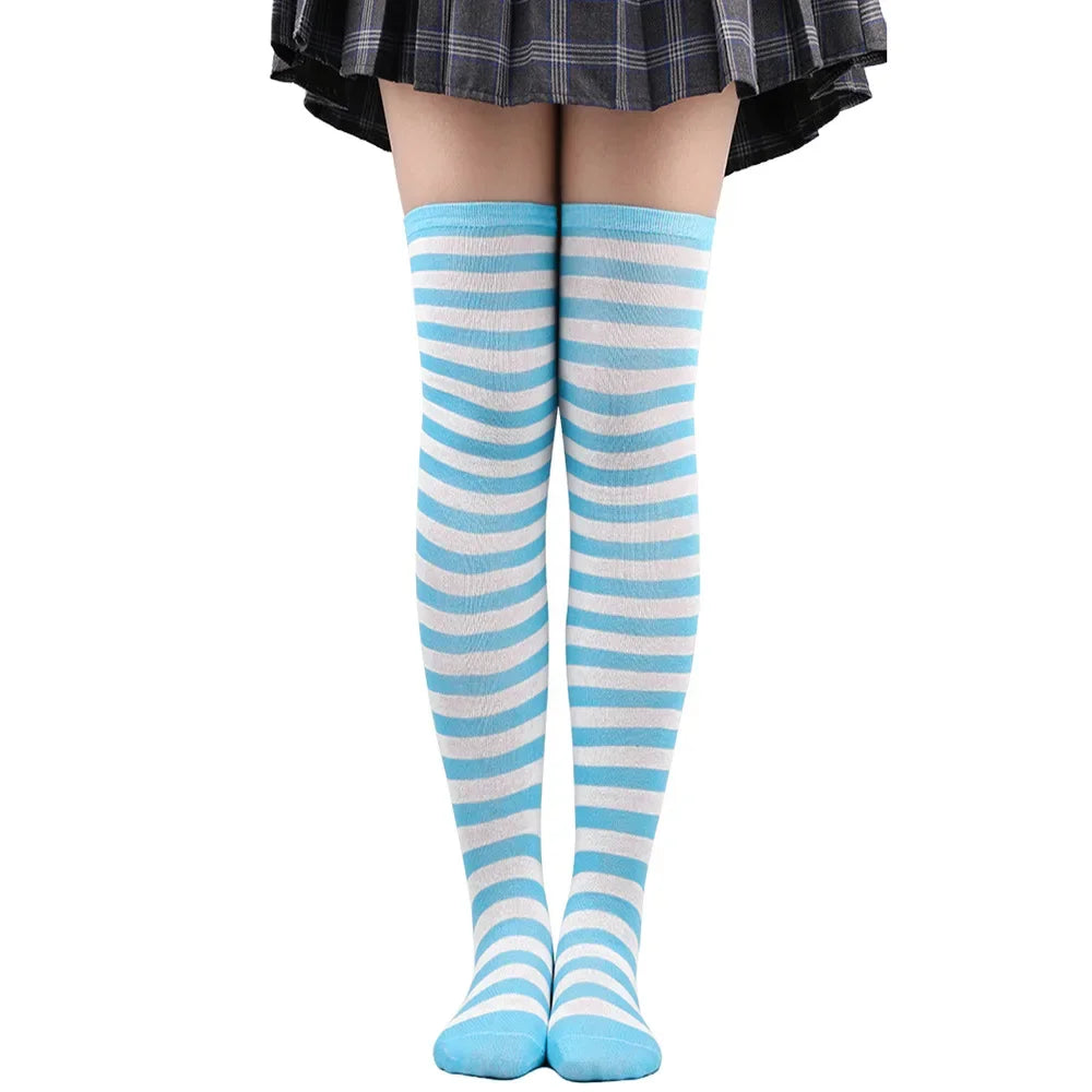 Women's Striped Thigh High Stockings – Black, White & Pink