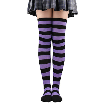 Women's Striped Thigh High Stockings – Black, White & Pink