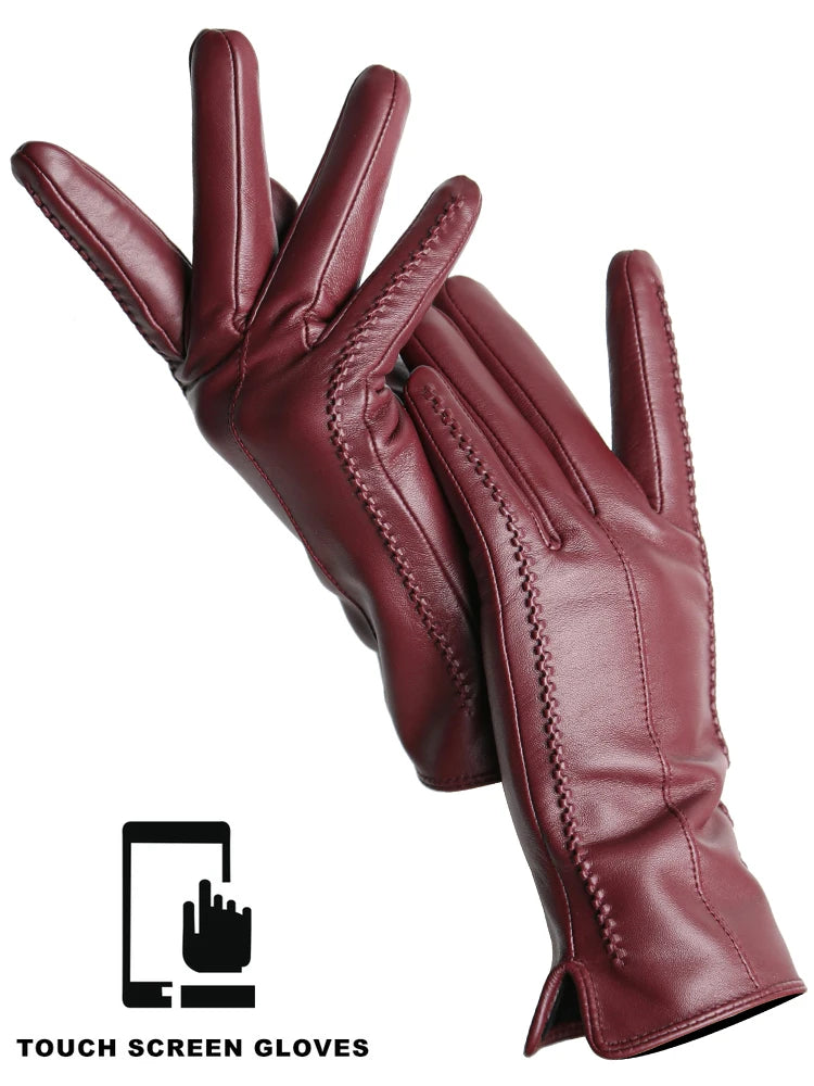 Women's Leather Winter Gloves, Sheepskin Touch Screen Driving