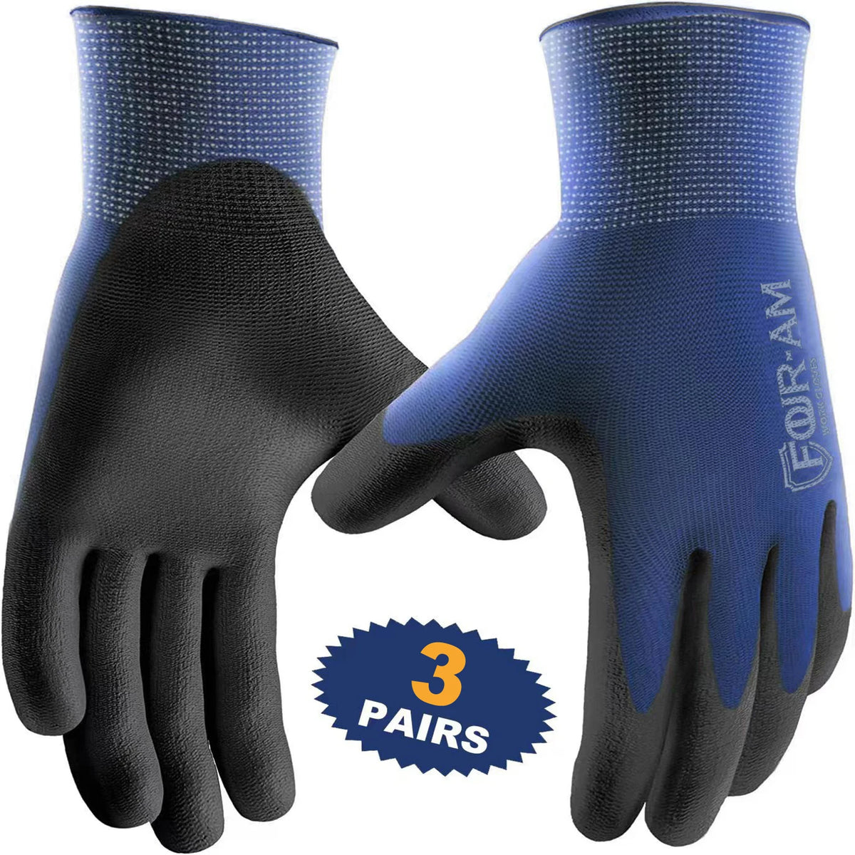 PU Coated Work Gloves, Ultra-Thin Nylon Grip Gloves, 3 Pairs