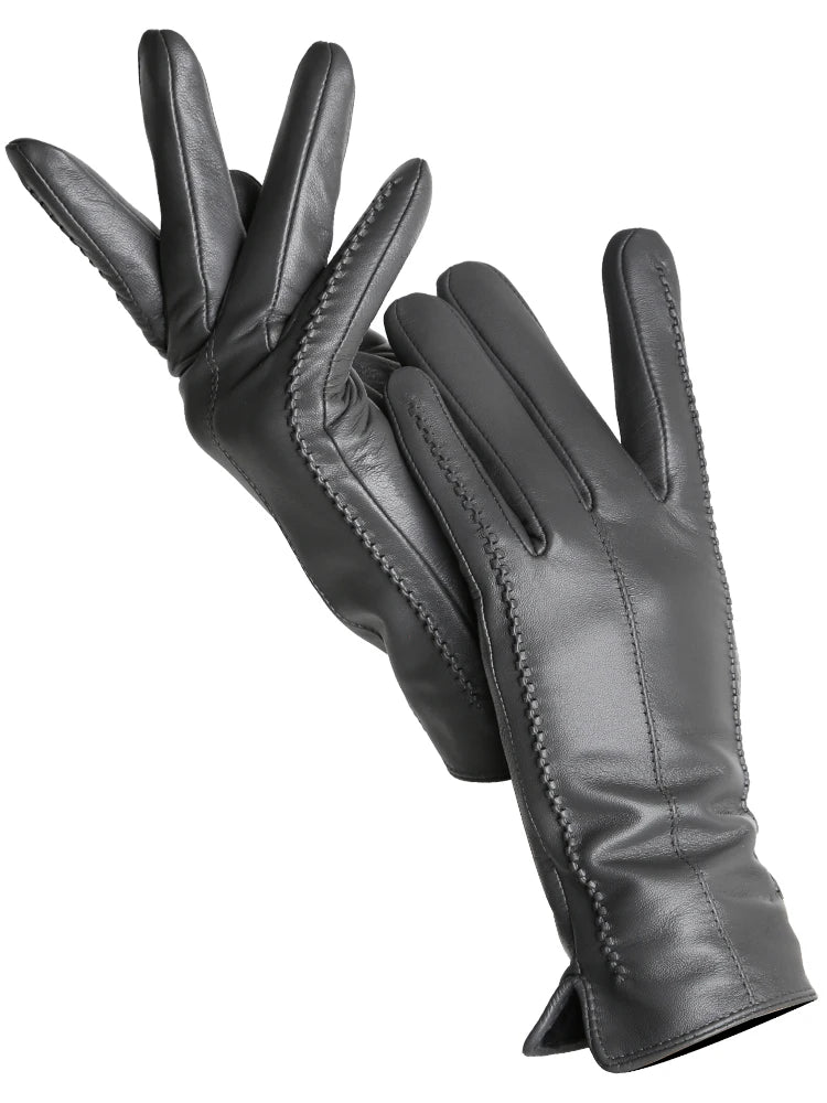 Women's Leather Winter Gloves, Sheepskin Touch Screen Driving