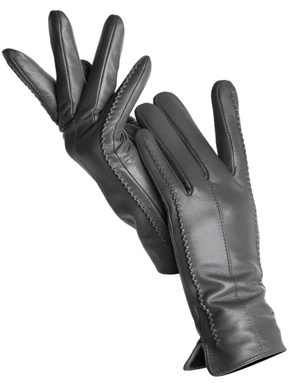 Women's Leather Winter Gloves, Sheepskin Touch Screen Driving
