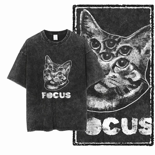 Cat Graphic T-Shirt for Men Acid Wash Vintage Streetwear Tee