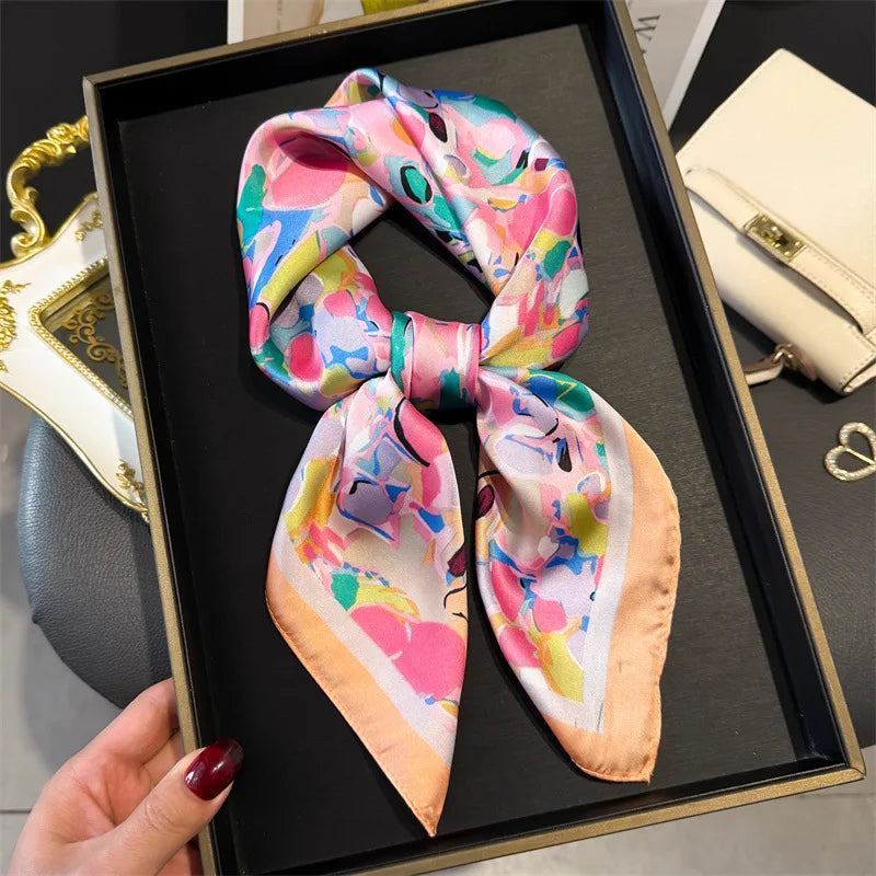 Silk Square Scarf 70x70cm Floral Satin Wrap for Women