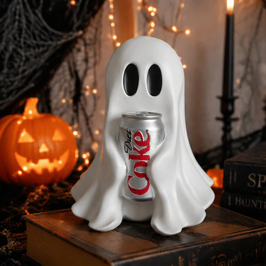 Halloween Ghost Figurine Holding Soda Can, Resin Tabletop Decor
