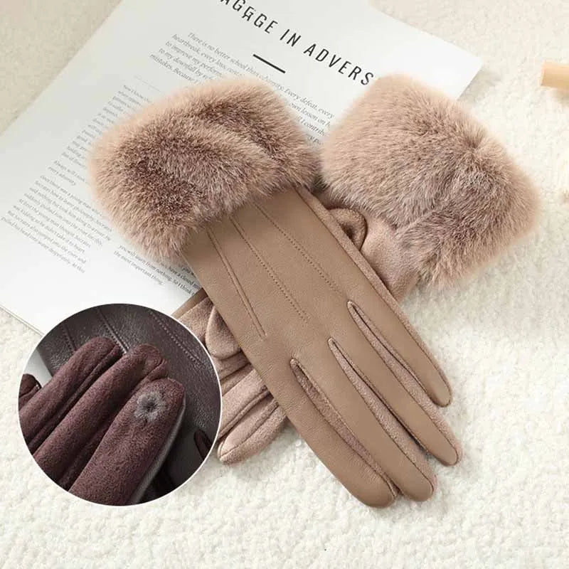 Women's Leather Gloves with Faux Fur Cuff, Touchscreen Winter Warmth