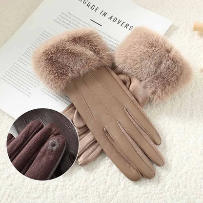 Women's Leather Gloves with Faux Fur Cuff, Touchscreen Winter Warmth