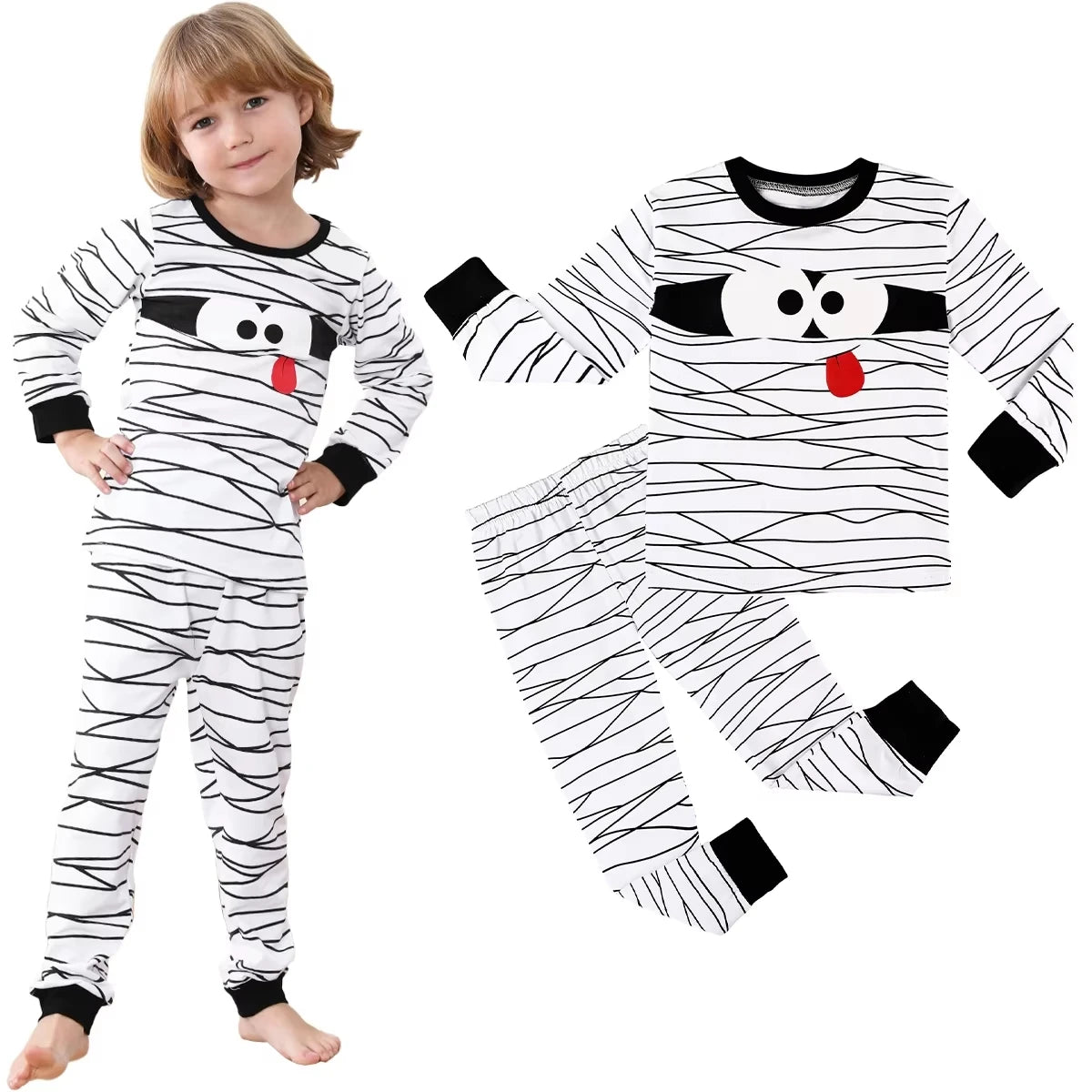 Kids Skeleton Costume Halloween Skull Pajamas Top and Pants Set