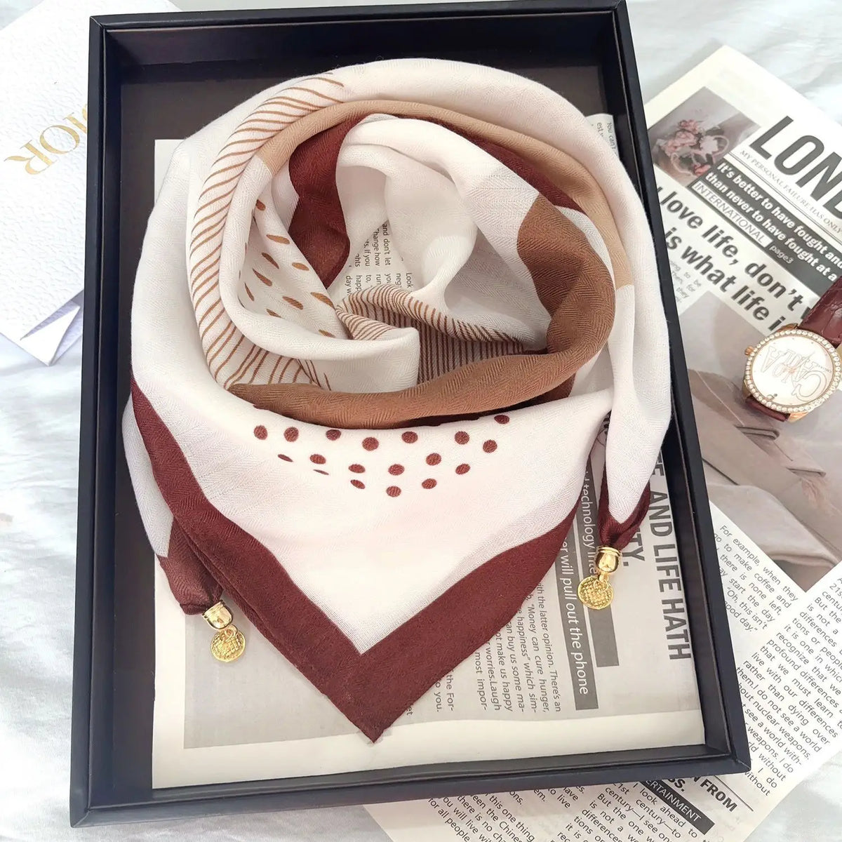 Silk Scarf for Women with Magnetic Buckle, Printed Square Design