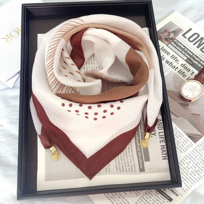 Silk Scarf for Women with Magnetic Buckle, Printed Square Design