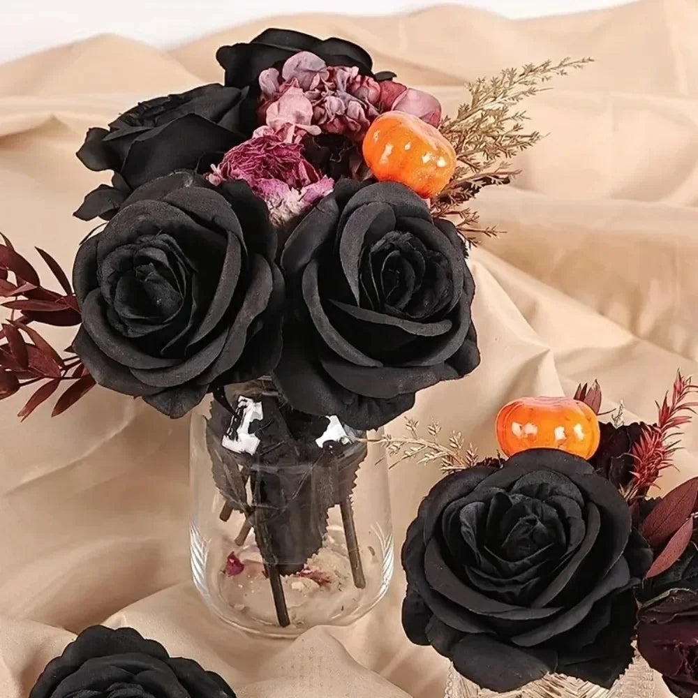 Artificial Black Roses Long Stem Fake Flowers for Halloween Decor