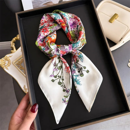 Silk Square Scarf 70x70cm Floral Satin Wrap for Women