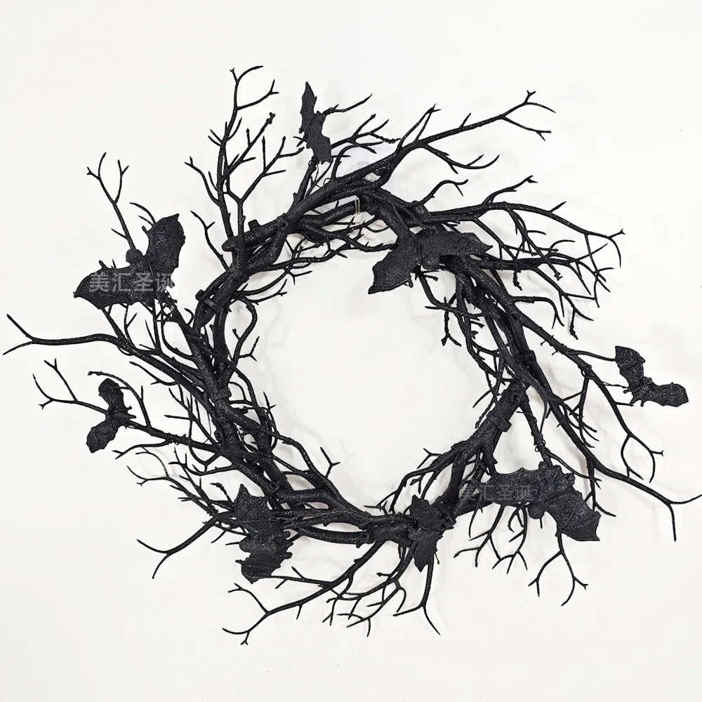 Halloween Bat Wreath with LED Light, Black Branch Door Decor