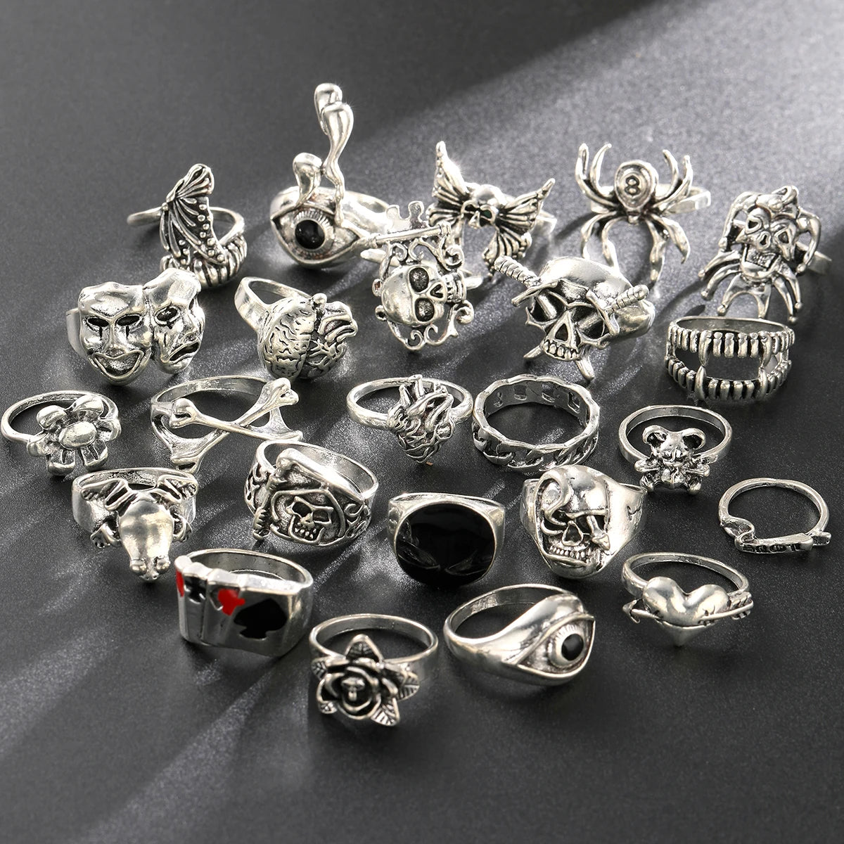 Gothic Ring Set, 24-Piece Punk Skeleton Rings for Parties