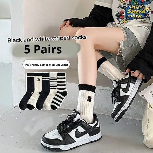 Women's Mid Calf Socks Striped Crew Socks 5-Pair Set