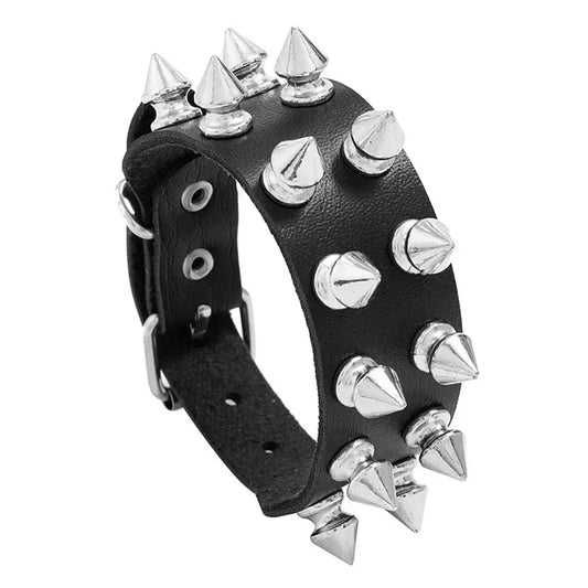 Punk Cuff Bracelet Black Studded Adjustable Wristband for Unisex Style