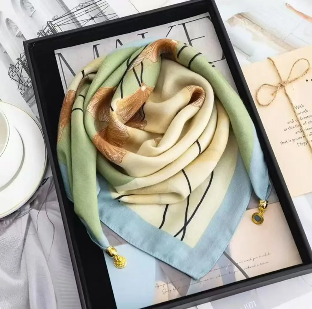 Silk Scarf for Women with Magnetic Buckle, Printed Square Design