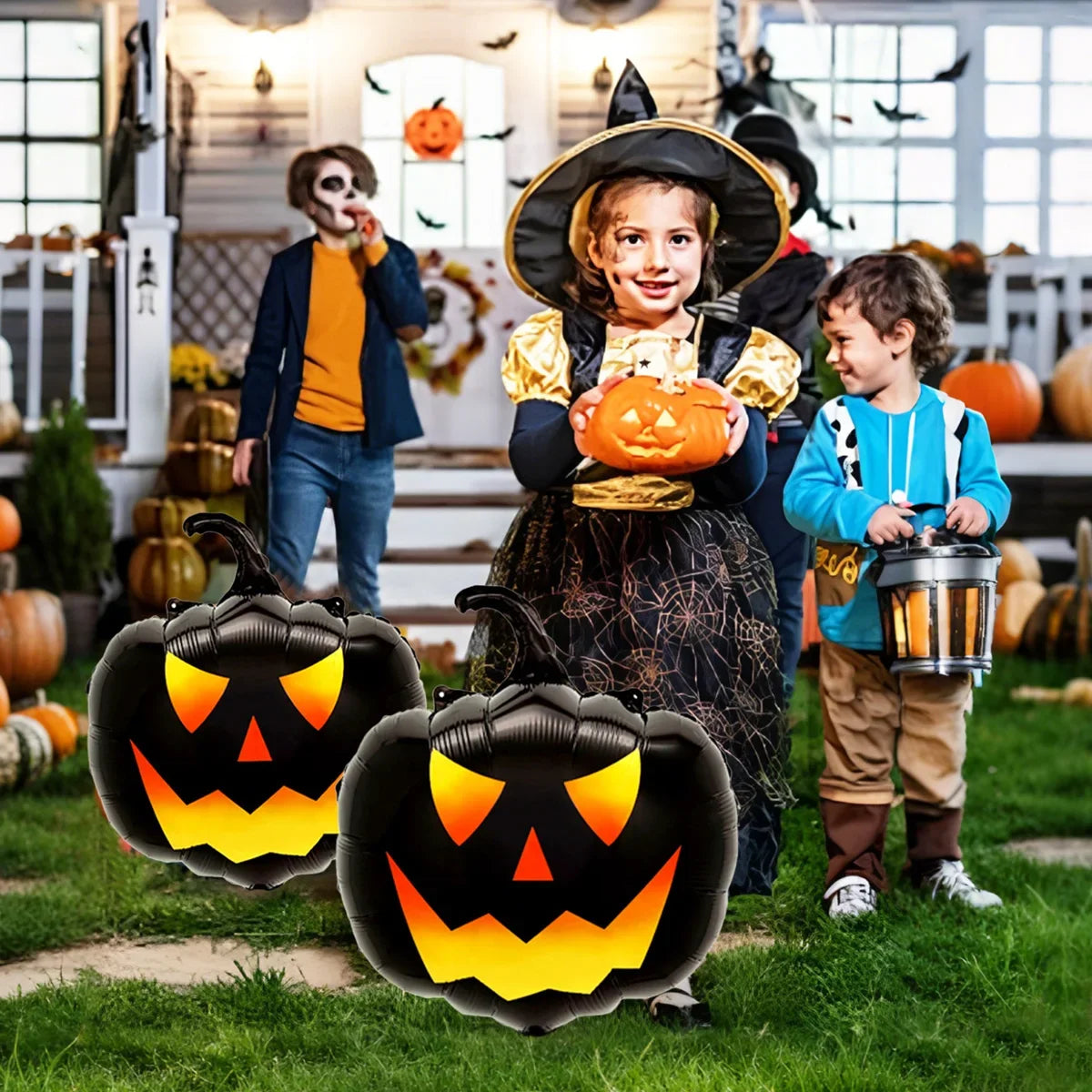 Halloween Pumpkin Balloons, Black Foil Party Decorations 3-Piece Set