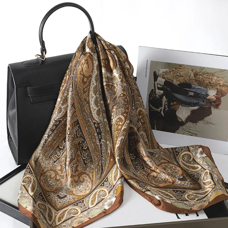 Silk Square Scarf 70x70cm Floral Satin Wrap for Women