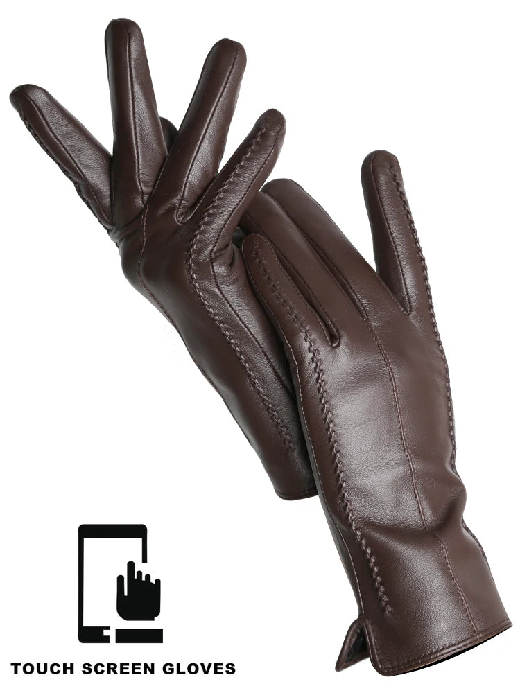 Women's Leather Winter Gloves, Sheepskin Touch Screen Driving