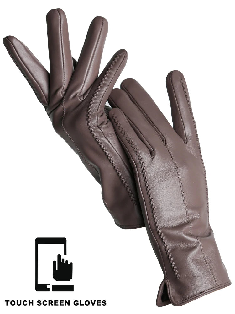 Women's Leather Winter Gloves, Sheepskin Touch Screen Driving