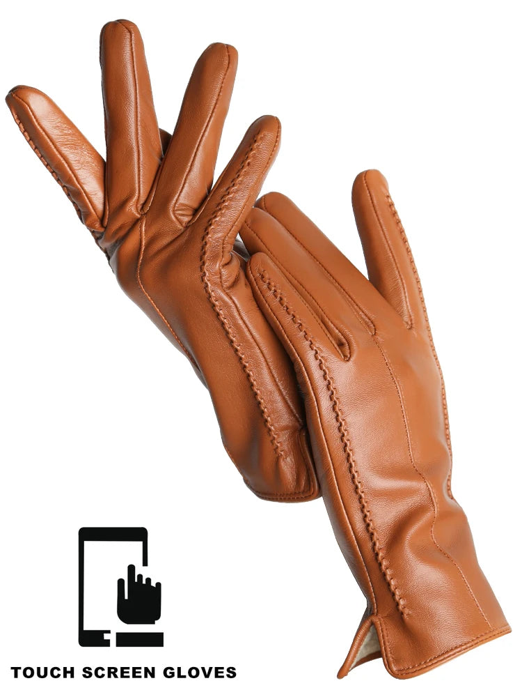 Women's Leather Winter Gloves, Sheepskin Touch Screen Driving