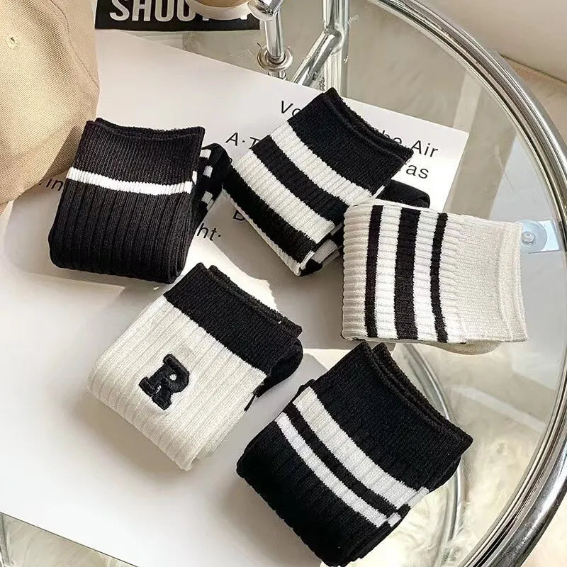 Women's Mid Calf Socks Striped Crew Socks 5-Pair Set