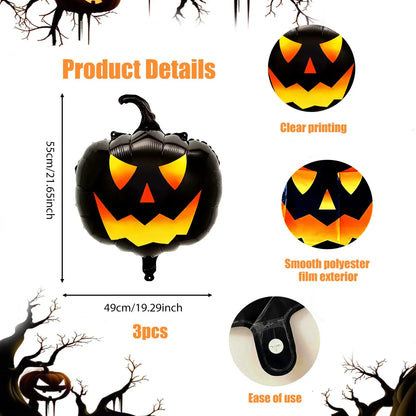Halloween Pumpkin Balloons, Black Foil Party Decorations 3-Piece Set