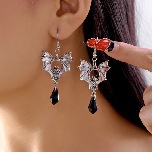 Halloween Bat Earrings, Gothic Red Crystal Drop Jewelry for Women