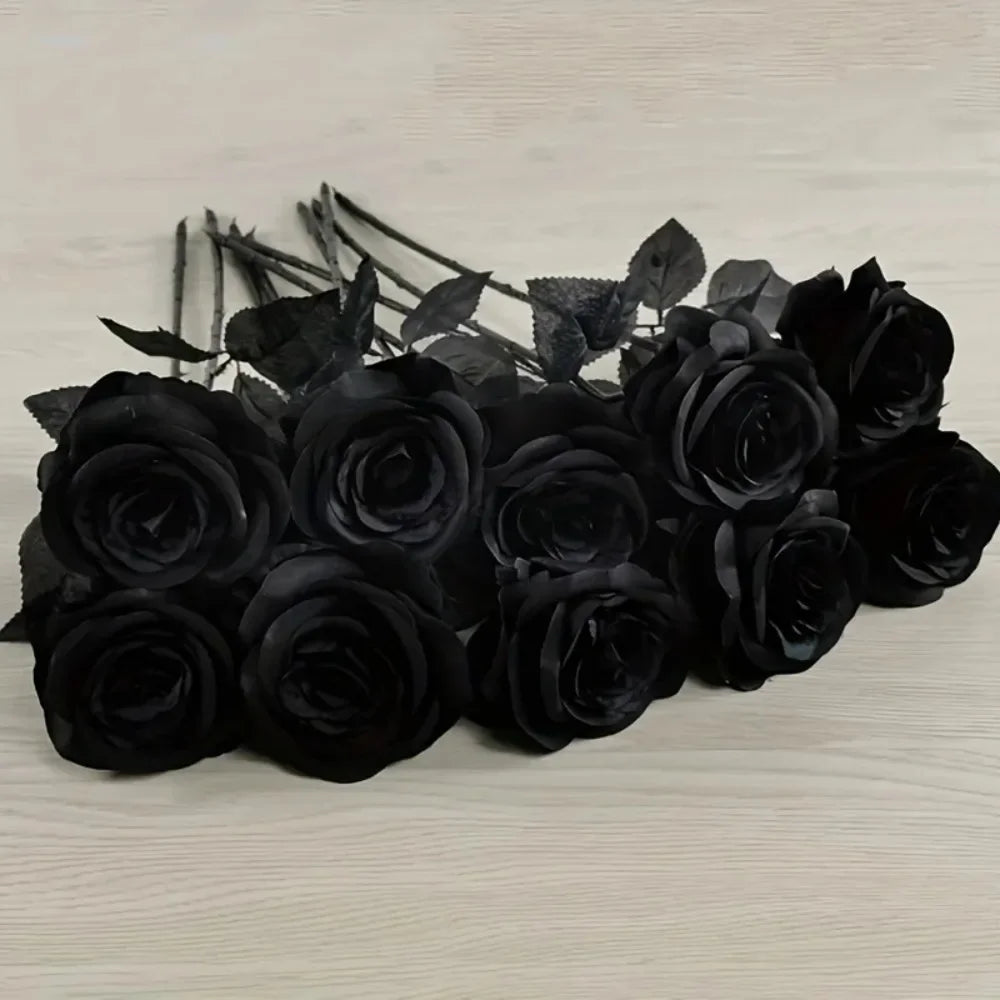 Artificial Black Roses Long Stem Fake Flowers for Halloween Decor