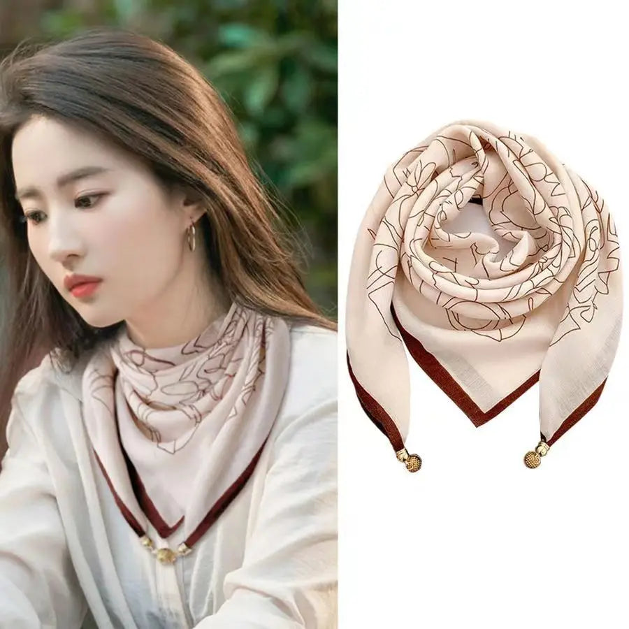 Silk Scarf for Women with Magnetic Buckle, Printed Square Design