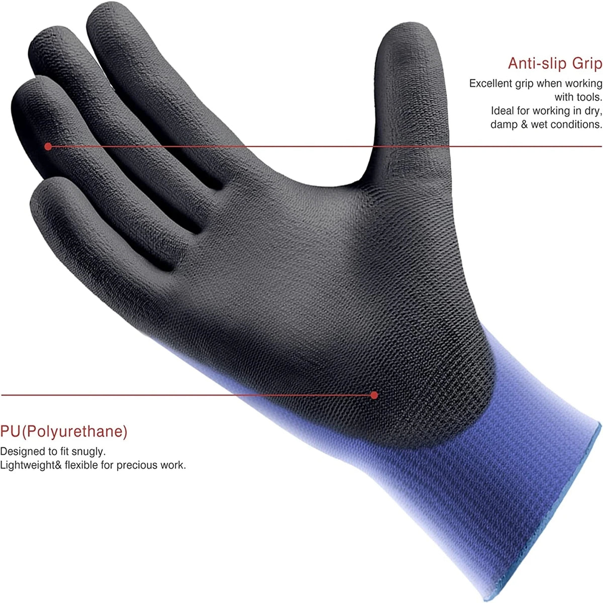 PU Coated Work Gloves, Ultra-Thin Nylon Grip Gloves, 3 Pairs