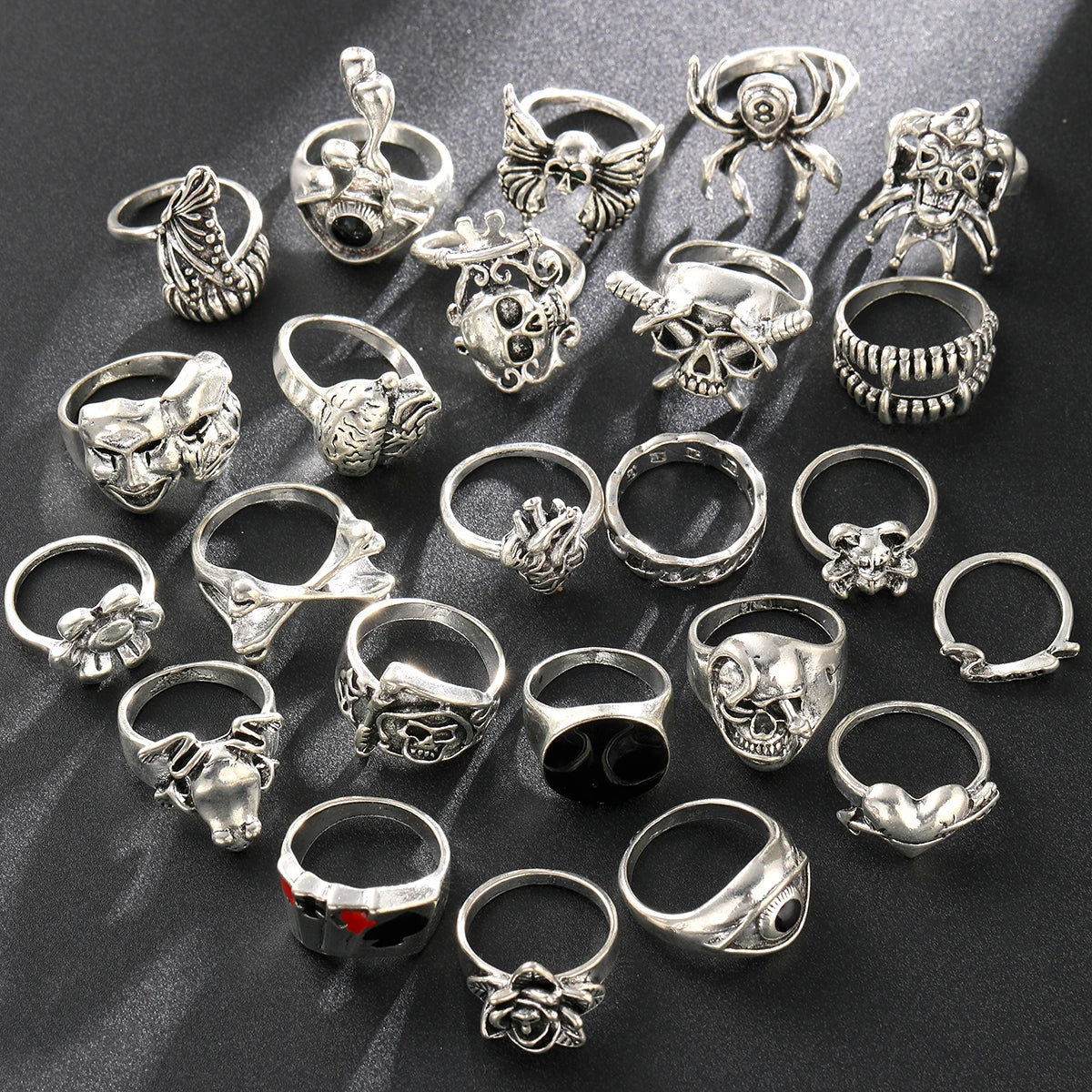 Gothic Ring Set, 24-Piece Punk Skeleton Rings for Parties