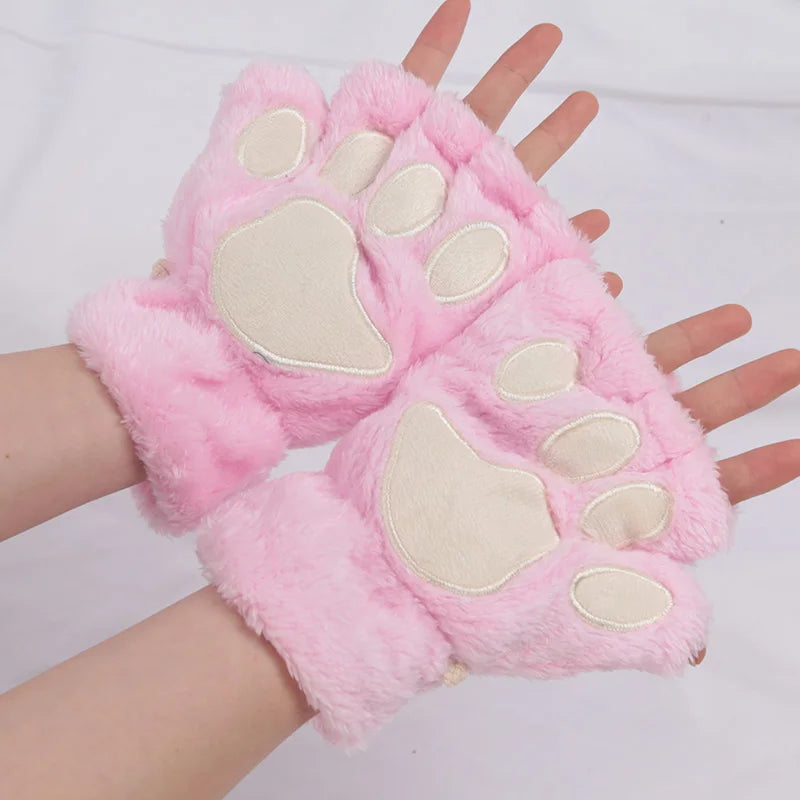 Fingerless Winter Gloves Plush Warm Mittens for Women and Girls